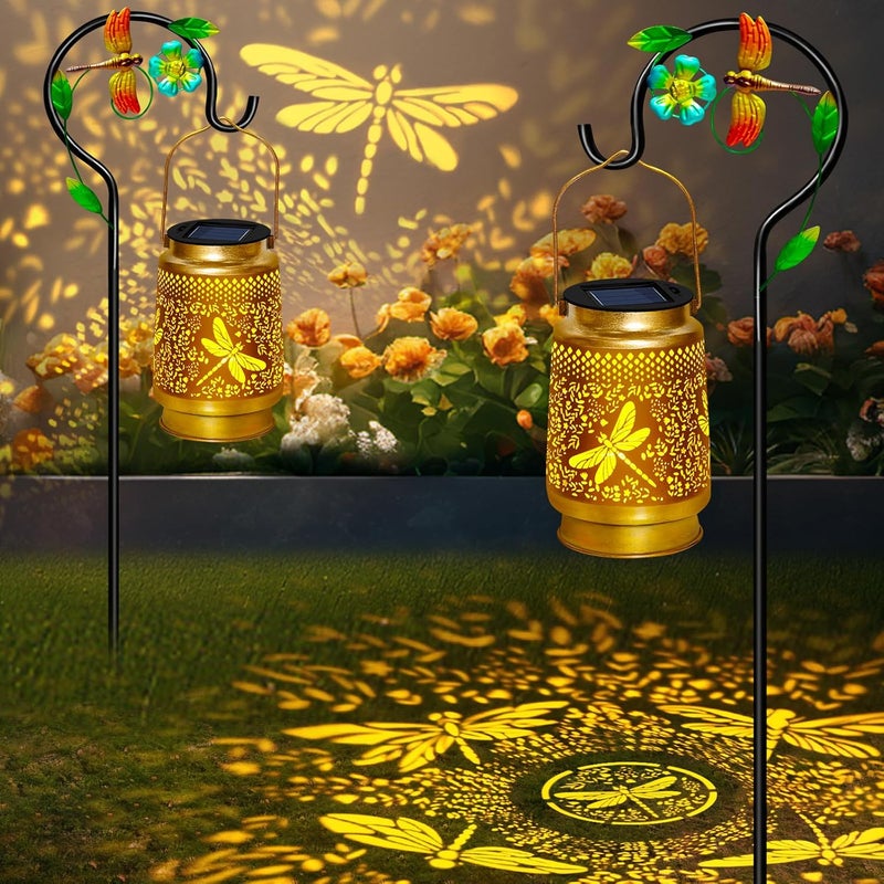 EDOF 2 Pack Solar Lanterns Outdoor Decor Waterproof Dragonfly Gifts for Women Men,Metal Outdoor Solar Lanterns Outside for Garden,Yard,Patio,Lawn - Image 1